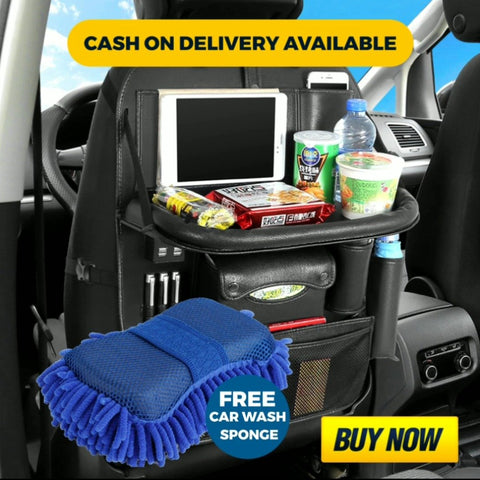 USB Charging Car Seat Back Organizer Table Tray with Free Multi-Use Cleaning Sponge Gloves Brush